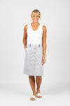 Knee Length Skirt with Contrast Buttons and Trim - Ink/White Stripe