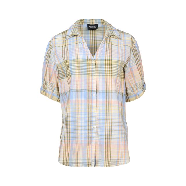 Dropped Shoulder Shirt with Rounded Hem - Blue Check