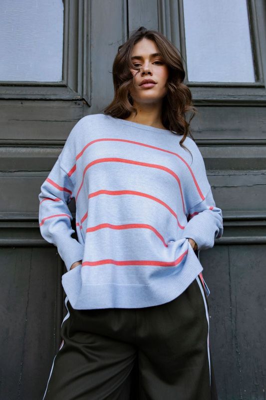 Charli Stripe Knit - Sky Blue/Cosy Coral Stripe
