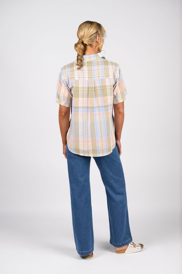 Dropped Shoulder Shirt with Rounded Hem - Blue Check