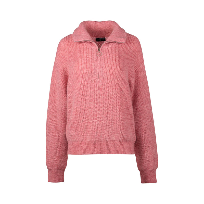 Relaxed Fit Half Zip Sweater with Collar - Rose Pink